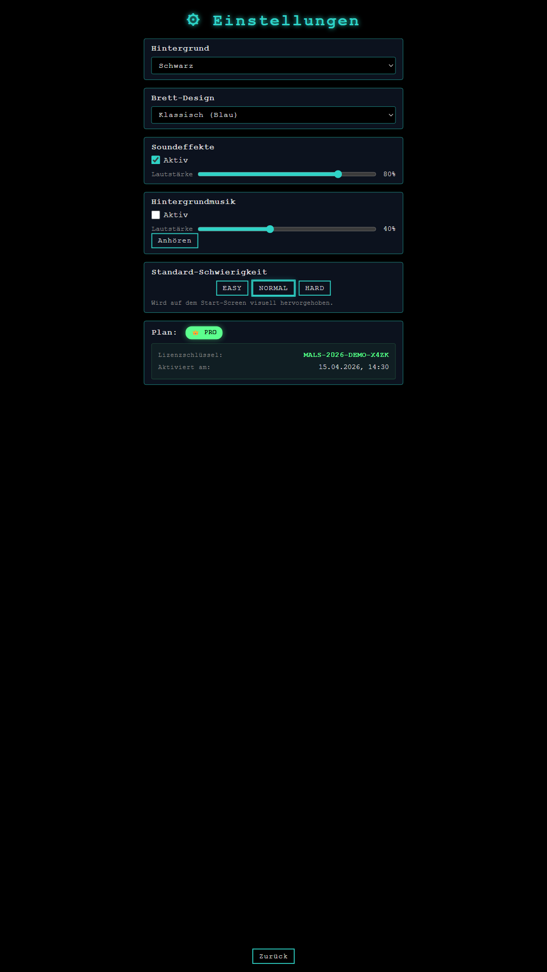 Einstellungs-Screen mit Sound-, Hintergrund- und Brett-Optionen